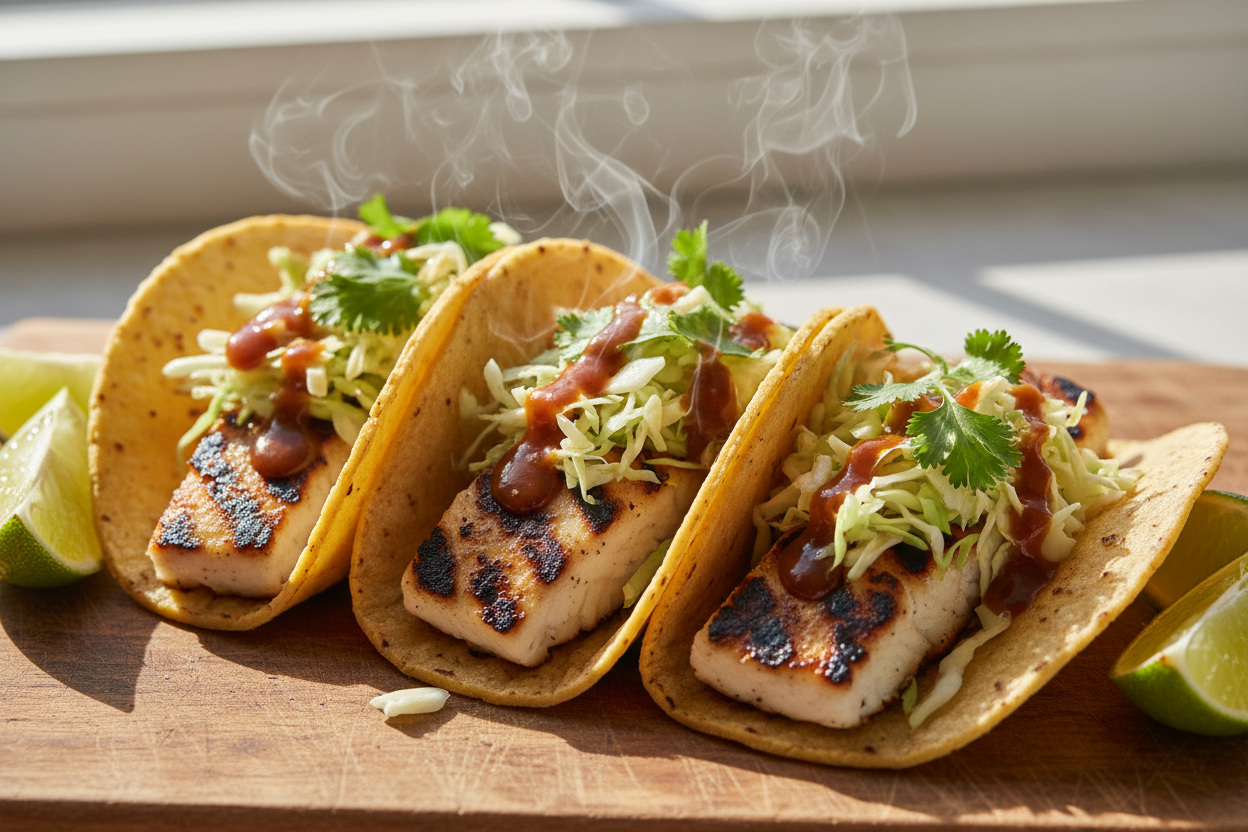 Grilled Fish Tacos with Hot Sauce (Smoky, Light, Clean Finish)