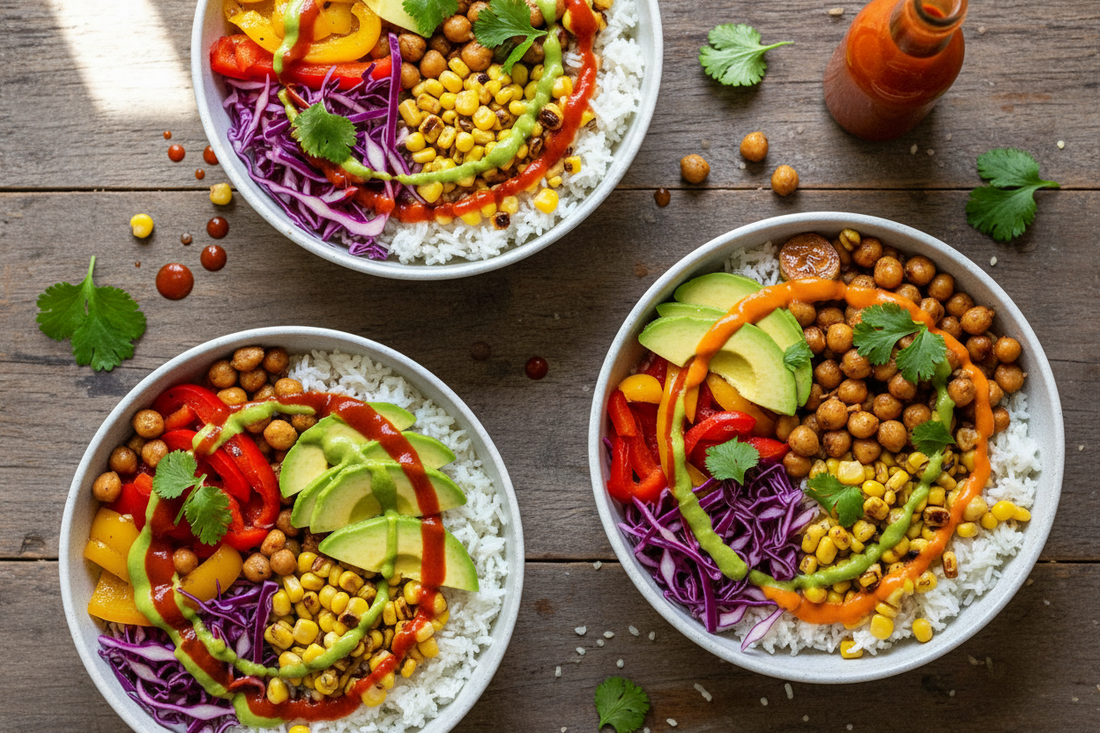 Vegetarian Rice Bowls With Hot Sauce Drizzles